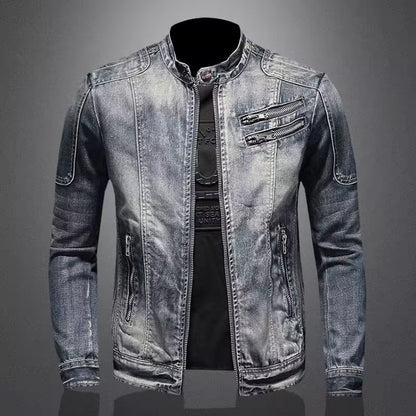 Men's Retro Lapel Motorcycle Denim Jacket Slim Fit