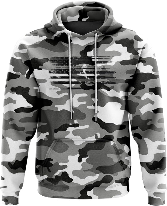 Patriotic Snow Camo Heavyweight Hoodie for Men and Women, Decorated in USA