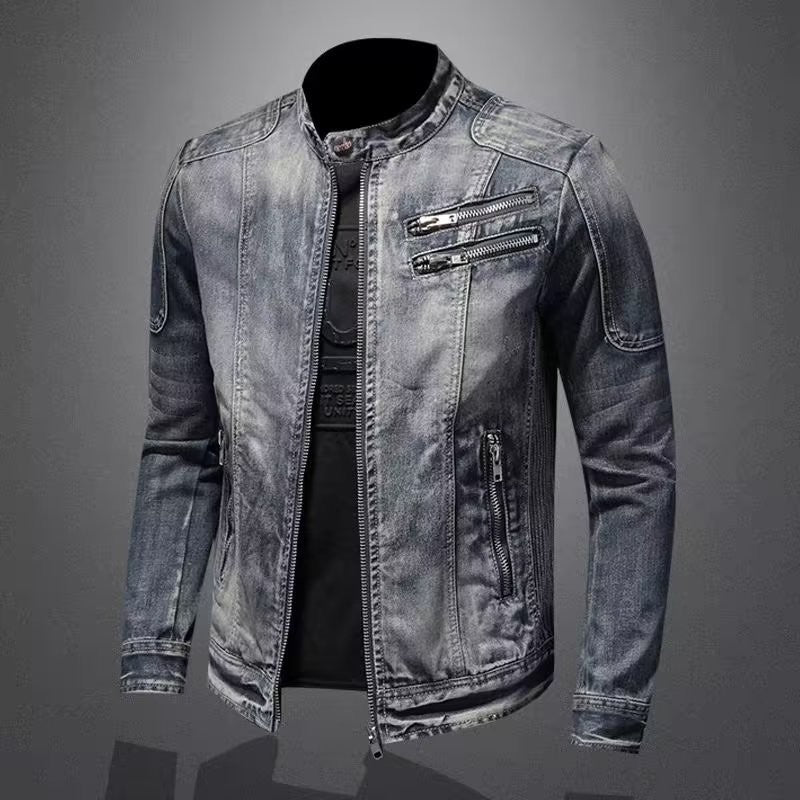 Men's Retro Lapel Motorcycle Denim Jacket Slim Fit