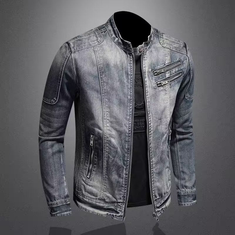 Men's Retro Lapel Motorcycle Denim Jacket Slim Fit