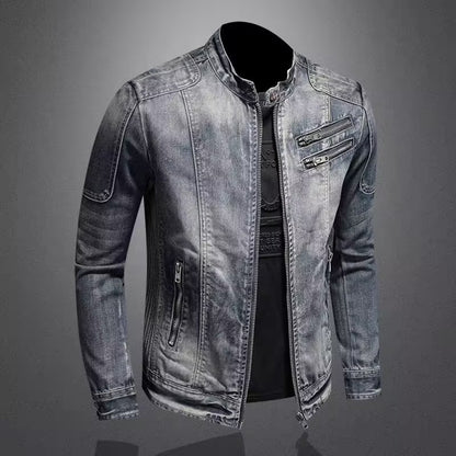 Men's Retro Lapel Motorcycle Denim Jacket Slim Fit