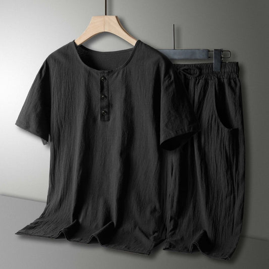 Mens Cotton Linen Casual Short Sleeve Set
